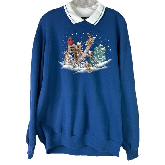 VTG Sz XL Collared Sweatshirt Grannycore Winter Forest Bird Chipmunk Cardinal - Picture 1 of 10